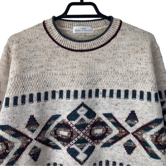 St. Michaels Marks & Spencer Beige Aztec Patterned Vintage Crewneck Jumper - Picture 3 of 9